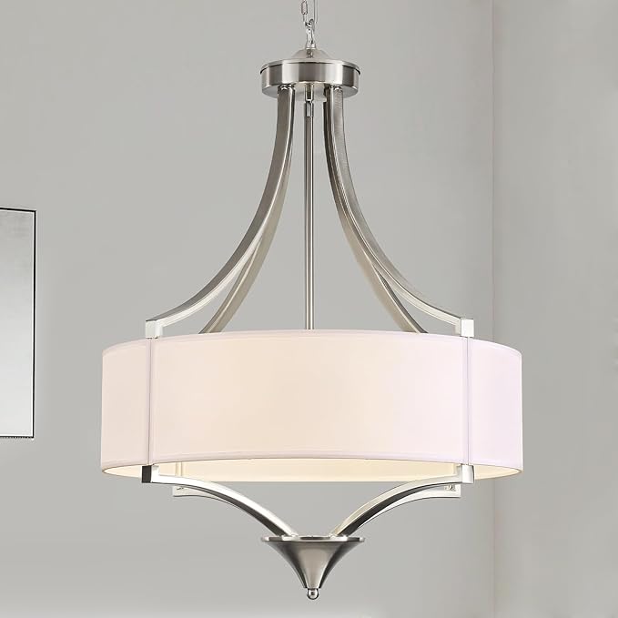 6-Light Brushed Nickel Chandelier 19.7" Modern Drum Chandeliers for Dining Room Light Fixture with White Fabric Shade Large Pendant Lighting for Kitchen Island Living Room Bedroom Foyer Over Table,E12
