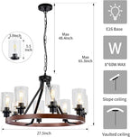 8-Light Farmhose Chandelier for Dining Room Light Fixture Faux Wood Kitchen Pendant Light Round Rustic Ceiling Hanging Lighting with Glass Globes Adjustable Height Metal E26