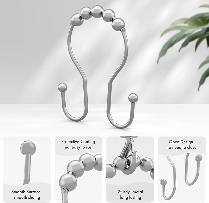 AmazerBath Shower Curtain Hooks, Shower Curtain Rings, Metal Chrome Shower Curtain Hooks Rust Proof, Smooth Glide Double Shower Hooks for Shower Curtain, Shower Rod Hooks 12Pcs