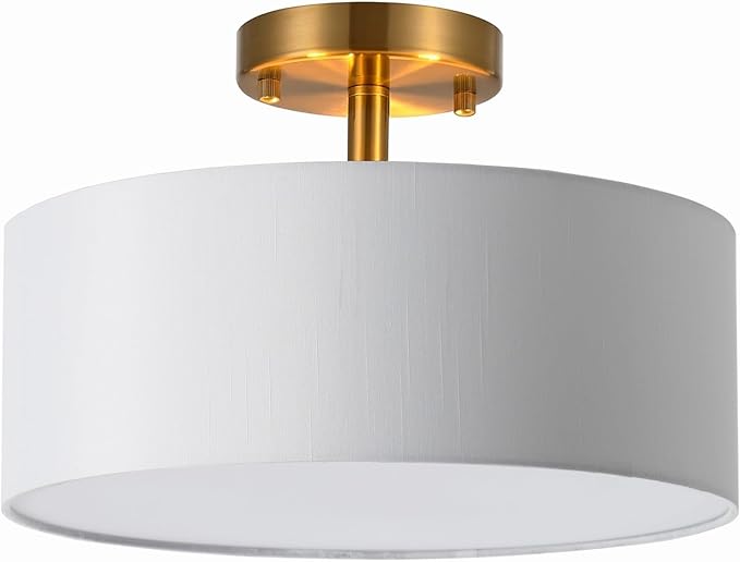 15 Inch Drum Light, Semi-Flush Mount Ceiling Light Fixture White Fabric Drum Shade and Gold Plating Finish,Ceiling lamp for Bedroom, Dining Room, Corridor, Living Room