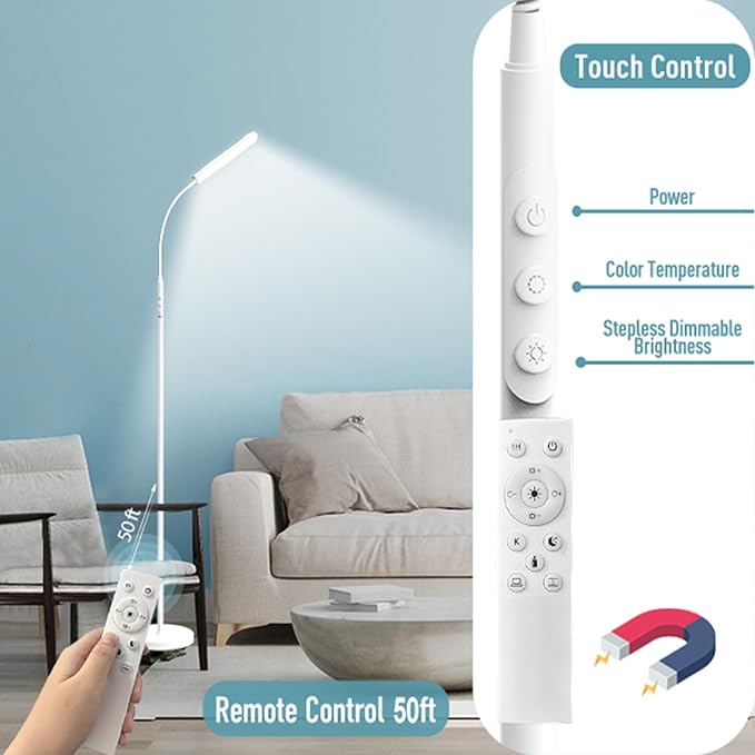 White Floor Lamp, 18W 1800LM Bright LED Floor Lamps for Living Room Bedroom, Dimmable Timing Eye Caring Reading Standing Lamp with Remote & Works with Smart Plug