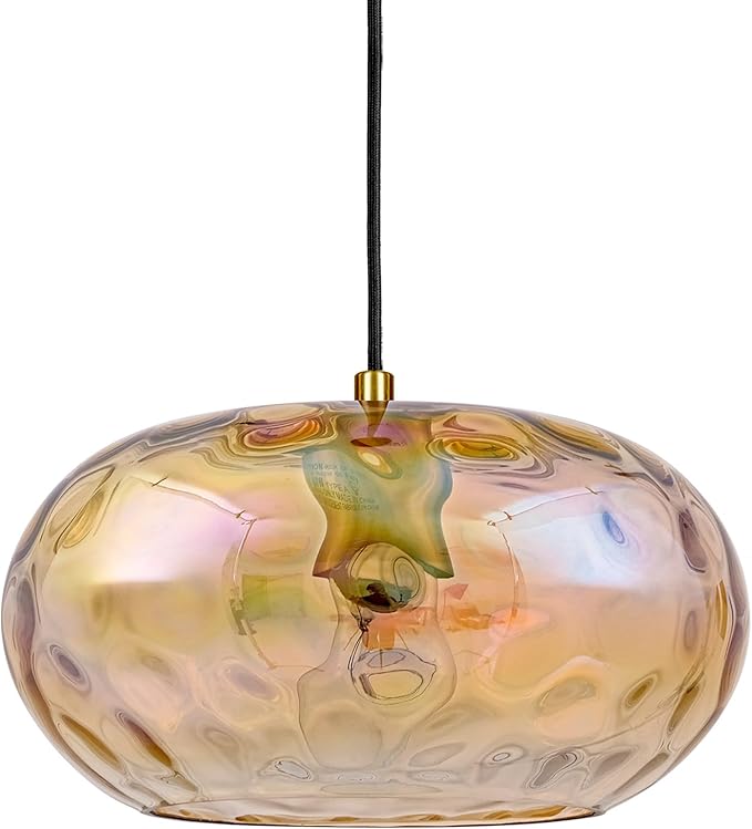 Amber Glass Pendant Lighting, 11" Hammered Lampshade Hanging Lamp, 1-Light Brass Gold Chandelier for Dining Living Room Kitchen Island