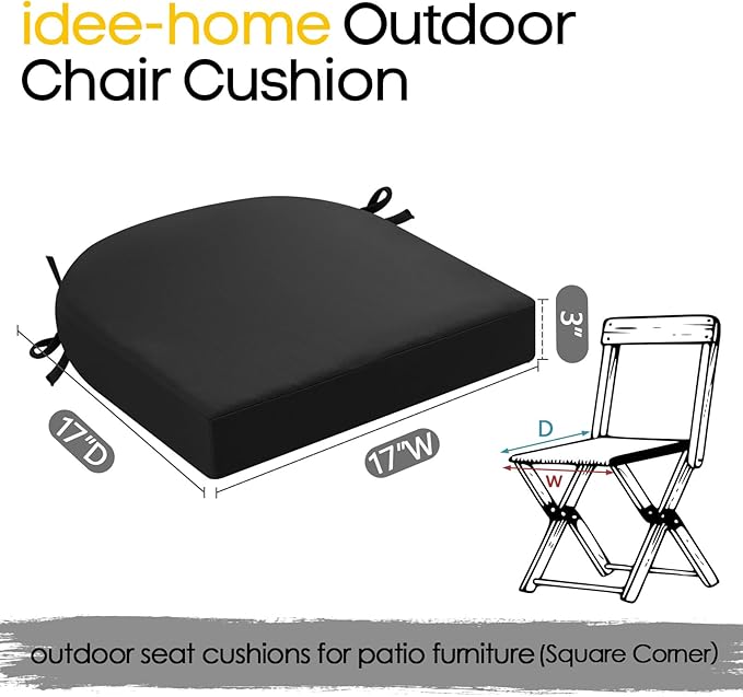 idee-home Outdoor Chair Cushions Set of 4, Thick 17" x 17" x 3" Patio Chair Cushions for Outdoor Furniture Waterproof with Ties, Seat Cushion, Patio Chair Pads Dining Chair Black
