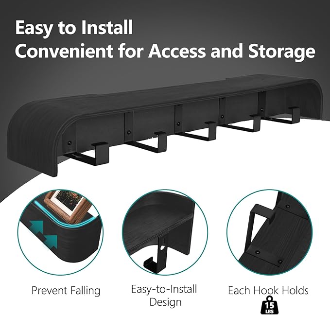 Coat Rack Wall Mount with Hidden Hooks Entryway Hanging Shelf Modern Wood Coat Hanger for Bedroom Kitchen Hallway Bathroom (Black,20.9 Inch Long)