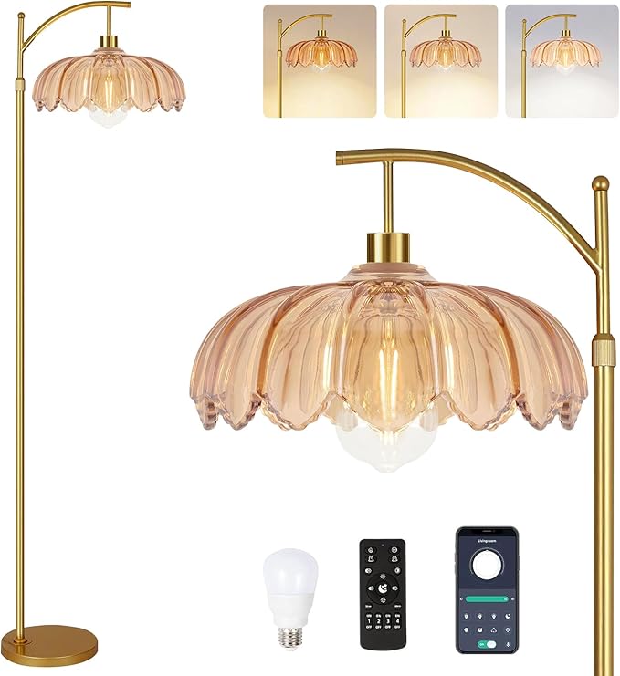 Floor Lamp for Living Room,Bedroom,Gold Dimmable Standing Lamp with Remote,Mid Century Modern Brass Retro Vintage Glass Tall Floor Light Boho Bohemian