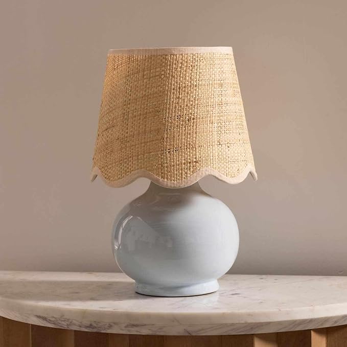 BoutiqueRugs Navarro Boho Ceramic Bedside Table Lamp for Bedroom Nightstand and Living Room - Shade Rattan - Blue, Beige - 13" H