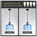 16" Extra Large Farmhouse Pendant Light – Hand-Blown Blue Hammered Glass Shade, Black Finish, Adjustable Chain Hanging Light Fixture for Kitchen Island, Dining Room, Hallway