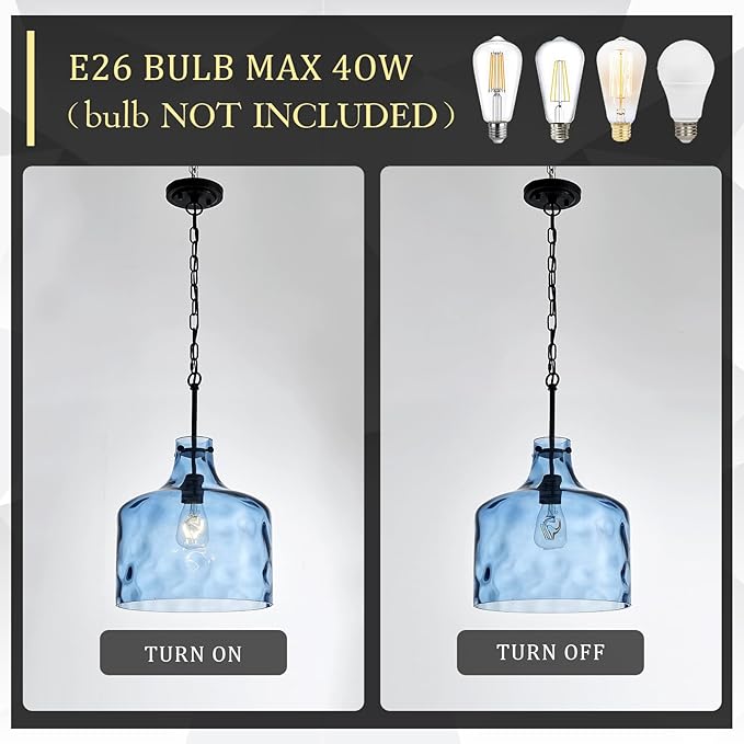 16" Extra Large Farmhouse Pendant Light – Hand-Blown Blue Hammered Glass Shade, Black Finish, Adjustable Chain Hanging Light Fixture for Kitchen Island, Dining Room, Hallway