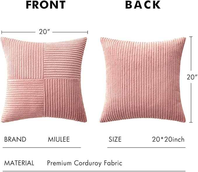 MIULEE Blush Pink Corduroy Pillow Covers Pack of 2 Boho Decorative Spliced Throw Pillow Covers Soft Solid Couch Pillowcases Patchwork Cushion Covers for Living Room Bed Sofa 20x20 inch Valentines Day