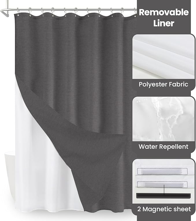 Inhousolu Boho Farmhouse Shower Curtain with Fabric Liner Set, Faux Linen Textured, 14 Metal Hooks Luxury Weighted Hem, Washable Wrinkle Free Bath Curtain for Hotel Bathroom 72"W x 84"L Graphite Grey