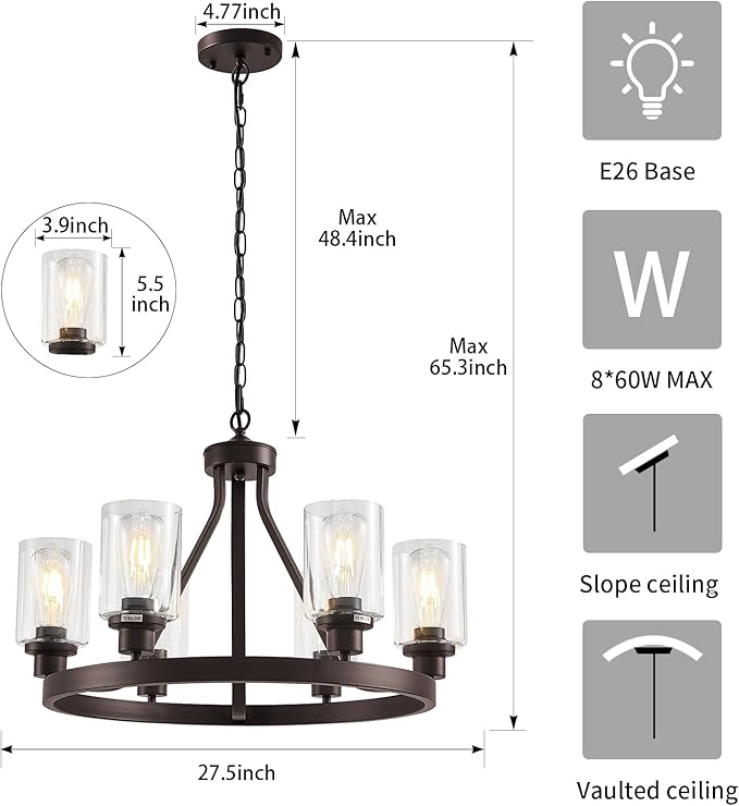 6-Light Farmhose Chandelier for Dining Room Light Fixture Oil Rubbed Bronze Kitchen Pendant Light Round Rustic Ceiling Hanging Lighting with Glass Globes Adjustable Height Metal E26