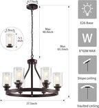 6-Light Farmhose Chandelier for Dining Room Light Fixture Oil Rubbed Bronze Kitchen Pendant Light Round Rustic Ceiling Hanging Lighting with Glass Globes Adjustable Height Metal E26