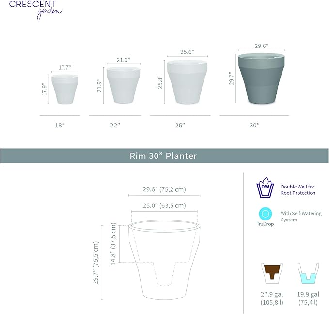 Crescent Garden Rim TruDrop Planter, Self-Watering Plant Pot, 30-Inch (Slate)