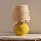 BoutiqueRugs Navarro Boho Ceramic Bedside Table Lamp for Bedroom Nightstand and Living Room - Shade Rattan - Mustard, Yellow, Beige - 13" H