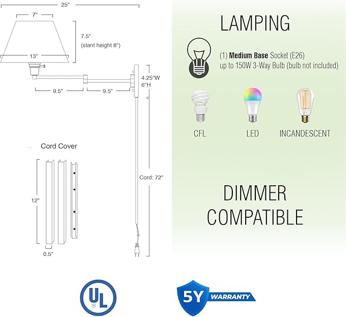 Kira Home Cambridge 15" Swing Arm Wall Lamp - Plug in/Wall Mount, Opaque Paper Shade, 150W 3-Way + Cord Covers, Black Finish