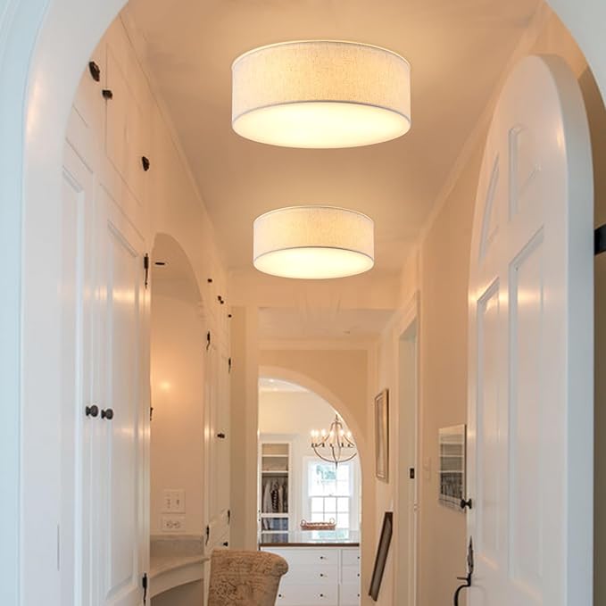 18'' Flush Mount Ceiling Light Modern Farmhouse Drum Ceiling Light Fixture with Linen Fabric Shade 3-Light Drum Ceiling Lighting Round Semi Flush Lighting for Bedroom Hallway Living Room Kitchen