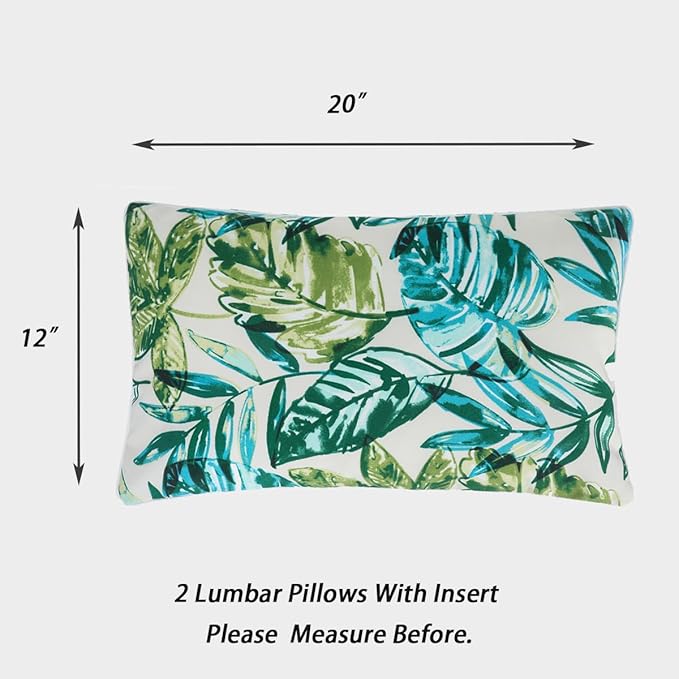 Water Resistant Outdoor Lumbar Pillows for Patio Furniture,12x20 Inch Decorative Pillows Set of 2 with Insert,Hidden Zipper Headrests for Sofa Couch Chair(Palm Leaf)