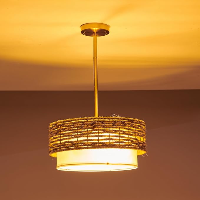 15in Boho Coastal Pendant Lights, 15in Woven Rattan Lighting Fixture, 2-Tier Rope Chandelier with Fabric Shade for Kitchen Island, Living Room, Dining Room, Bedroom, Restaurant