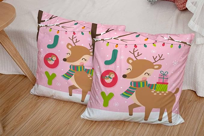 CAPSCEOLL 2PCS Pink Deer Pillow Covers 20X20Inch Christmas Cute Reindeer Bird Gift Box Joy Bulb Tree Merry New Year Throw Pillow Covers for Bedroom Sofa Living Room