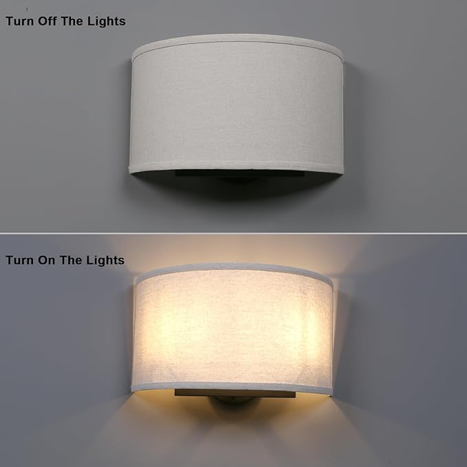 Yosoan 2-Light Linen Fabric Boho Hallway Wall Sconce Indoor Light Fixture, Dual Vintage Industrial Hardwired Half Moon Wall Lighting Semicircle Textile Shade for Bedroom Living Room Corridor Study