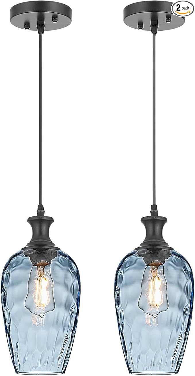 Pendant Lights Kitchen Island 2 Pack, Blue Glass Pendant Light Fixtures with Hammered Glass, Modern Hanging Light for Kitchen Sink Dining Room Bedroom