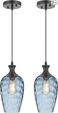 Pendant Lights Kitchen Island 2 Pack, Blue Glass Pendant Light Fixtures with Hammered Glass, Modern Hanging Light for Kitchen Sink Dining Room Bedroom