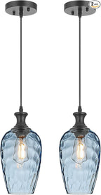 Pendant Lights Kitchen Island 2 Pack, Blue Glass Pendant Light Fixtures with Hammered Glass, Modern Hanging Light for Kitchen Sink Dining Room Bedroom