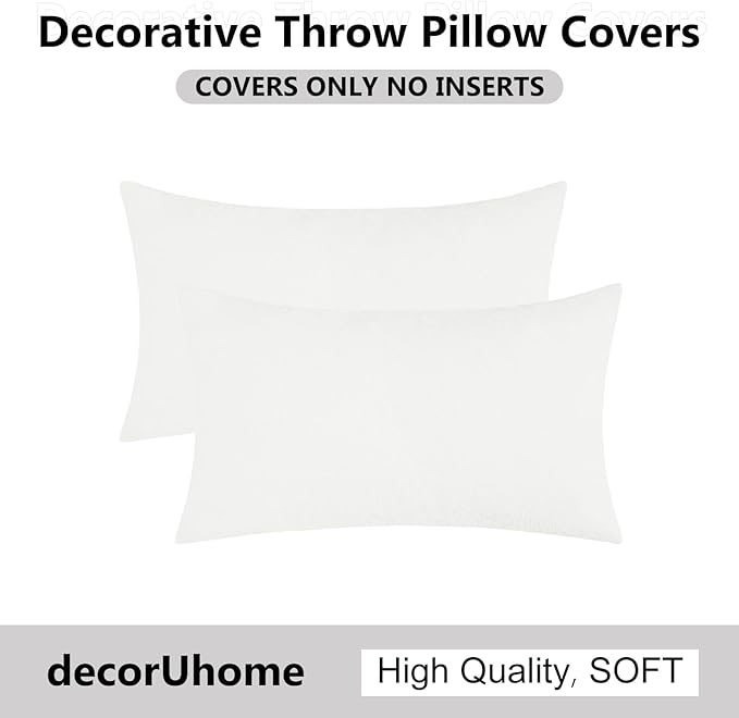 decorUhome Chenille White Throw Pillow Covers 12x20 Inch Set of 2, Decorative Soft Couch Pillow Covers Solid Dyed Accent Velvet Farmhouse Neutral Rectangle Christmas Pillow Cases for Sofa Living Room