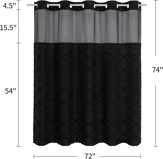 Boho Black Woven Fabric Shower Curtain 72 x 74 Modern Farmhouse, No Hooks Tufted Chevron Striped Shabby Chic Textured, Minimalist Cloth Curtain for Bathroom, Hotel Decor