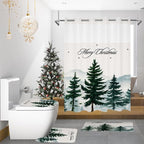4pcs No Hook Christmas Shower Curtain Set, Merry Christmas Holiday Shower Curtain, Non-Slip Rug Toilet Lid Cover and Bath Mat, Green Xmas Tree Bathroom Decor Set, Waterproof, Washable.