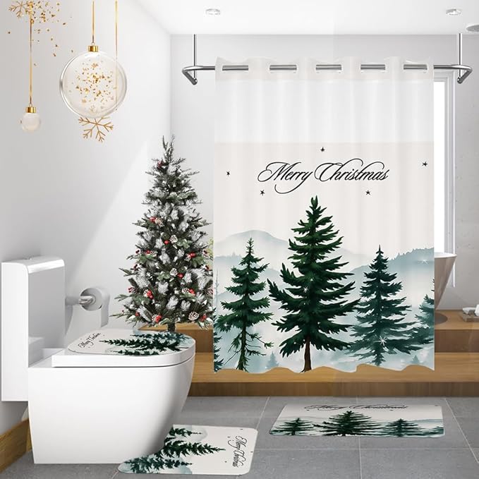4pcs No Hook Christmas Shower Curtain Set, Merry Christmas Holiday Shower Curtain, Non-Slip Rug Toilet Lid Cover and Bath Mat, Green Xmas Tree Bathroom Decor Set, Waterproof, Washable.