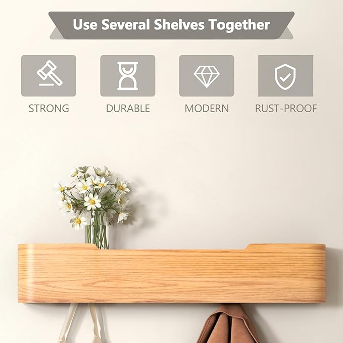Pack Coat Rack Wall Mount Hidden Key Rack Entryway Hooks Solid Wood Veneer Panel Coat Hanger Wall Shelf with Hook Stainless Steel for Bedroom Kitchen Hallway Bathroom (Oak, 5 Hooks)