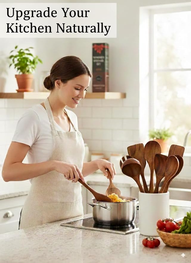 100% Natural Teak Wood Wooden Utensil Set – 10 Pcs Durable Kitchen Spoons for Cooking – Non-Stick & Heat Resistant, Eco-Friendly & Comfortable Grip