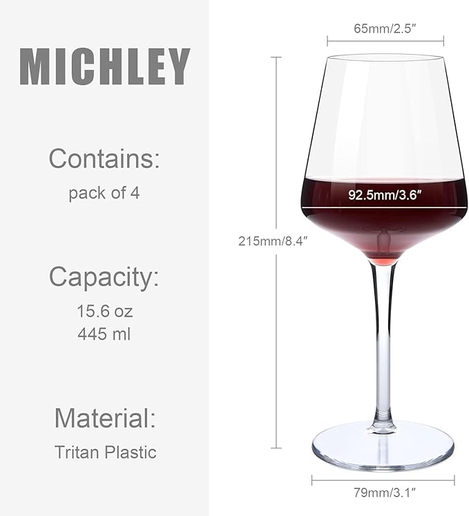 MICHLEY Floating Wine Glasses for Pool 15 OZ Unbreakable Tritan Plastic Stemmed Red Wine Glasses Ideal for Beach Bar Camping Dishwasher Safe, Set of 4