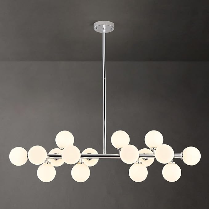 16-Light Globe Sputnik Chandelier, Mid Century Modern Light Fixture Over Table, Chrome Silver Linear Chandeliers for Dining Room and Kitchen Island (Milk White Glass Bubble Shades, 40 Inch)