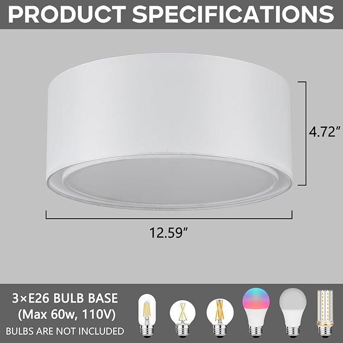 Luupyia 3-Light Double Fabric Drum Ceiling Light Fixture, 12.59 Inches Simple Semi Flush Mount Ceiling Lights with Double Fabric Shade, Modern Drum Chandelier for Bedroom, Hallway E26, 60W