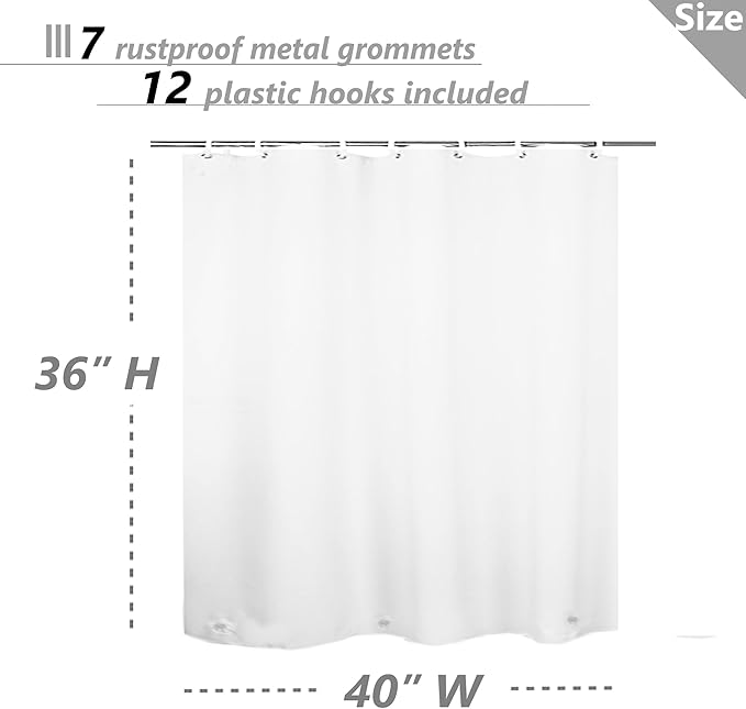 Waterproof Shower Curtain for Window Inside Shower, 40 x 36 Inches Short Plastic Bathroom Window Curtain Heavy Duty Vinyl with Hooks, White, 40x36