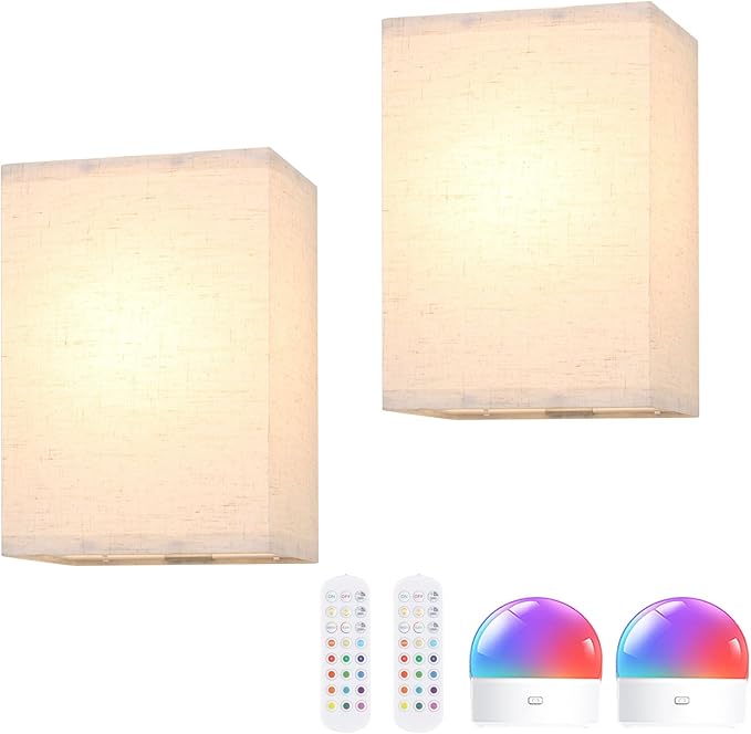 Adhesive Battery Operated Wall Sconce Set of 2, 5000 mAh Battery Rechargeable Bulb with 12 RGB Colors, Stick on Cuboid Wall Sconce No Drill Wall Lights, Linen