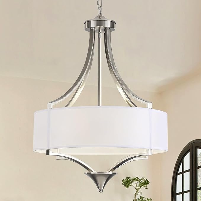 6-Light Brushed Nickel Chandelier 19.7" Modern Drum Chandeliers for Dining Room Light Fixture with White Fabric Shade Large Pendant Lighting for Kitchen Island Living Room Bedroom Foyer Over Table,E12