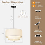 18" Drum Fabric Pendant Light, Large Modern Hanging Ceiling Chandelier Fixture with Dual Layer Fabric Shade, Ideal for Dining Room, Living Room, Bedroom, and Kitchen