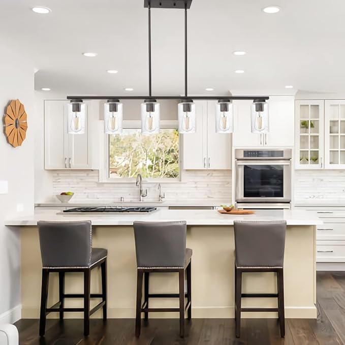 TODOLUZ 6-Lights Farmhouse Chandelier Island Lighting with Seeded Glass Shade, Modern Hanging Ceiling Light Fixtures for Kitchen Bar in Oil Rubbed Bronze