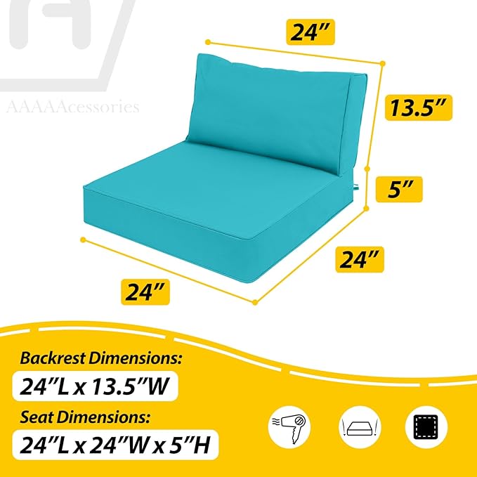 AAAAAcessories Outdoor Deep Seat Cushions, Waterproof, Fade-Resistant Patio Furniture Replacement Cushions, 24" x 24" x 5" + 24" x 13.5", Set of 4, Turquoise Blue