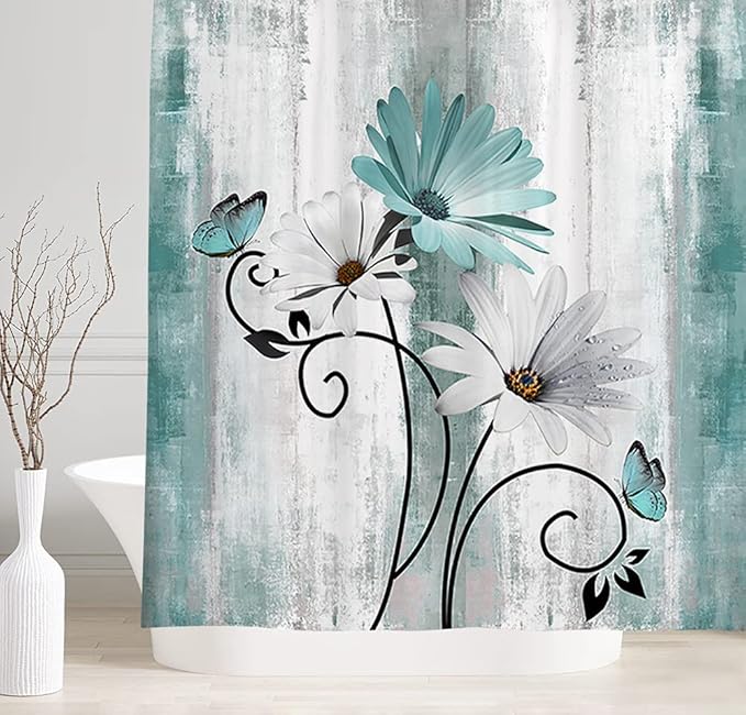 Rustic Farmhouse Shower Curtain, Farm Teal Daisy Floral Flowers and Butterfly on Country Wooden Shower Curtain for Bathroom, Turquoise Blue with 12PCS Hooks, 70X70IN