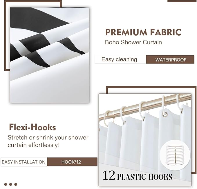 Boho Mid Century Leaf Shower Curtain Set,Arch Sun Design,Minimalistic Leaves Pattern,Waterproof and Luxurious Fabric-12 Hooks(Black and White-72" x 72")