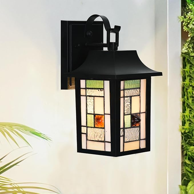 WL0010 Tiffany Style Outdoor Light Fixutres Stained Glass Wall Sconce Exterior Waterproof Wall Lantern Light for Balcony Aisle Hallway W 7X D 6 x H 12 Inches, Bulb Included (Lumigrid)