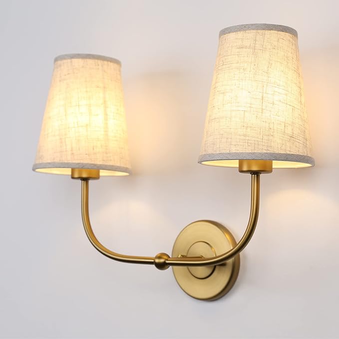 2-Lights Wall Sconces with Funnel Linen Fabric Shades, Double Light Wall Lamps for Bedroom Living Room Vanity Bathroom Hallway Stairway
