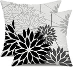Black Grey Floral Pillow Covers 16x16 Set of 2 Outdoor Waterproof White Colored Decorative Throw Pillows Summer Pillowcase Polyester Cushion Case Decor for Couch Patio Funiture Garden Porch 01L16