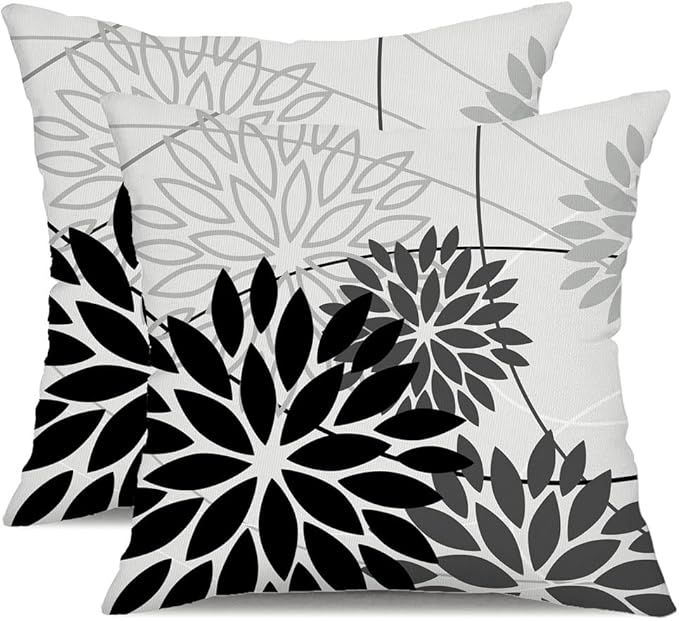 Black Grey Floral Pillow Covers 16x16 Set of 2 Outdoor Waterproof White Colored Decorative Throw Pillows Summer Pillowcase Polyester Cushion Case Decor for Couch Patio Funiture Garden Porch 01L16