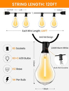 String Lights for Outside 120ft Waterproof with 60+3pcs A39 Shatterproof Edison Bulbs Outdoor String Lights for Patio, Yard, Cafe, Bistro, Market, Warm White 2200k