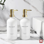 GMISUN White Soap Dispenser, 2 Pack Glass Hand Soap Dispensers Bathroom with Gold Pump, 17 Fl Oz Dish Soap Dispenser Set for Kitchen, Refillable Modern Liquid Soap and Lotion Dispensers Bottle